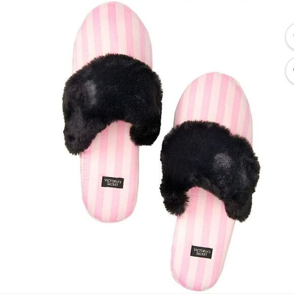 VICTORIA'S SECRET SIGNATURE SATIN SLIPPERS PINK STRIPE WITH FAUX FUR SLIPPER - Picture 13 of 13